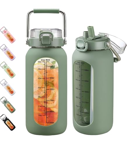 BLUEGO 2500ml Glass Water Bottle with Stainless Steel Handle 2.5L Large Water  Bottle with Time Markers and Silicone Cover Half Gallon Water Jug BPA Free  for Daily Gym Use, Black : Amazon.nl: