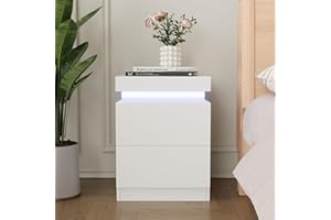 YOURLITE Bedside Table with 2 Drawers, Modern Bedside Cabinet with Charging Station and LED Lights, Nightstand with Sliding Top, Bed Cabinet Chest of Drawers Living Room Bedroom Furniture White