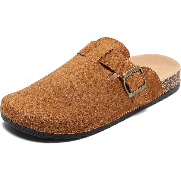 FITORY Dames clogs slip-on aardappelschoenen leer pantoletten kant suède kurk voetbed maten 37-43, Helder taupe, 36 EU