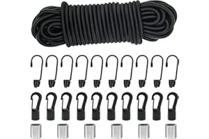 Episkey Tendeur Elastique 6mm 15m Noir, Corde Élastique Tendeurs Elastique avec Crochets, Sangle Elastique pour Bache, Crochet Velo, Crochet Fixation (Noir, 6mm x 15m)