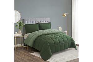 HIG 3 Pieces Green Coverless Duvet King - 240 x 220cm - Cassette Box Construction - Corner Duvet Tabs - Solid Reversible 10.5 Tog Comforter with 2 Shams - 100% Down Alternative & Breathable Bedding
