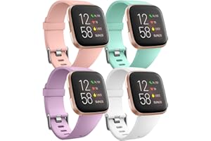 Ouwegaga Pack 4 Silicone Strap Compatible with Fitbit Versa Strap/Fitbit Versa 2 Strap, Replacement Sport Wrist Strap for Fitbit Versa 2/Versa/Versa Lite, Women & Men Small Large