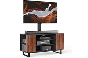 FITUEYES Wooden TV Stand Cabinet with Swivel Bracket for 32-70 Inch Flat Curved TV Tall Cantilever TV Stand with Open Removable Shelves Height Adjustable Black and Walnut Hold 40kgs
