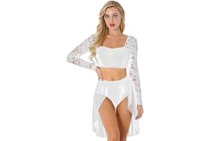 Alvivi Vestido de Danza Ballet Lírico para Mujer Crop Top de Manga Larga y Falda Vestido de Baile Latino Salsa Traje de Gimnasia Patinaje Dancewear S-XXL