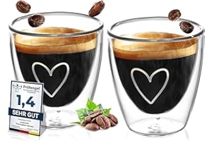 ElbFuchs® Juego de tazas de café expreso con forma de corazón, 2 x 80 ml, de doble pared, vasos térmicos de doble pared, de cristal sin asa, para todas las máquinas de espresso