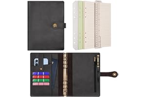 Wonderpool Carpeta A5 Diario de Viaje Cuaderno Papel A Rayas Recargable Organizador de Presupuesto de Cuero con Bolígrafo para Oficina Escuela Planificación de Negocios Escritura(Negro,A5)