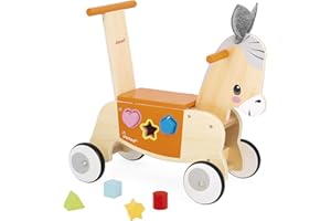 Janod - Carro de Madera Asno con Caja de Formas Integrada - Función Trotador - Ruedas Silenciosas - Entrenamiento del Equilibrio y la Motricidad - Juguete de Madera - A Partir de 12 Meses