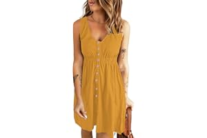 AUSELILY Vestito Donna Estivo con Scollo a V Senza Maniche Lunghezza al Ginocchio Elastico in Vita Decorazione con Bottoni Abito Casual con Tasch