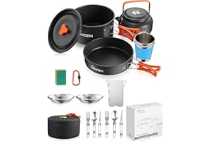 HOMGEN Camping Pots and Pans Set - Camping Cooking Set with 2 Plates and 1 Windshield - Aluminium Camping Cookware Kit - Protable Cooking Mess Kit - Camping Cooking Equipment for 2-3 People