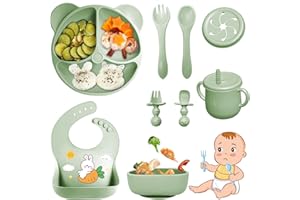 Bizcasa 9-częściowy zestaw dla niemowląt odstawiony od piersi silikonowy zestaw dla dzieci, bez BPA, antypoślizgowy zestaw dla niemowląt z przyssawką z płaską przyssawką kubek na śliniaki