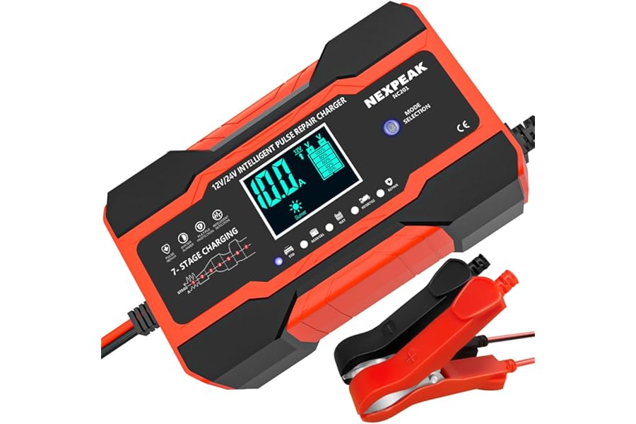 10-Amp Car Battery Charger, 12V and 24V Smart Fully Automatic Battery Charger with Temperature Compensation for Car Truck Motorcycle Marine Lead Acid Batteries
