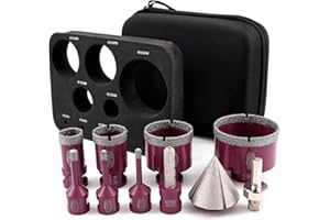 QUEFORET Diamond Drill Bits Set 10pcs - 7pcs 6/6/8/25/35/50/68mm x M14 Hole Saw, 1pc 10mm Finger Milling Bit, 1pc 50mm Beveling Bit, 1pc M14 to Hex Adapter for Ceramic Porcelain Tile Marble Granite