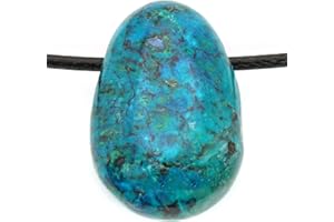 LAKADA Véritable pendentif en chrysocolle en forme de goutte avec ruban en coton ciré - Pierre de tambour percée - Fermeture rotative en acier inoxydable