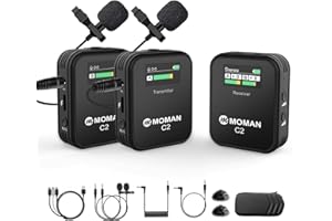 Moman Ansteckmikrofon Kabellos, C2X 2,4 GHz Lavalier Mikrofon Wireless System bis zu 100m für DSLR Kamera Camcorder Canon Sony Nikon Smartphone Laptop