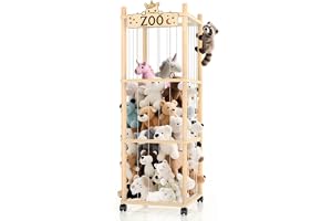 Stuffed Animal Storage Zoo Tower, 142.5cm Wooden Large Stuffed Animal Holder Organizer with Wheels, Stuffy Plushies Storage with Elastic Band&Mesh Bottom, Toy Storage Organizers for Playroom Bedroom
