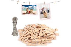 msymsyu Holzklammern 120 Stück Wäscheklammern Holz 3.5x0.7cm mit 50m Schnur Holzklammern Kleine Klammern für Fotos Aufhängen und Postkarten Verwendet Werden und Alle Arten von Partydekorationen