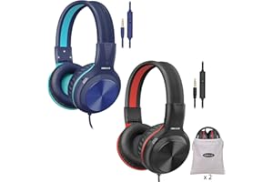 SIMOLIO 2 Pack Wired Headphones with Mic, Folding Lightweight Headset Over Ear with Volume Limited & Share Jack for Tablet chromebooks Computer PC Teens Adult Youth School Travel Gift