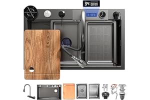 KOOGIMDDR 85x45cm Lavello da Cucina In Acciao Inox Da Appoggio Nanorivestito, Lavello da cascata nero con Rubinetto Estraibile, lavello da cucina multifunzione, Lavello per Lavastoviglie Domestico