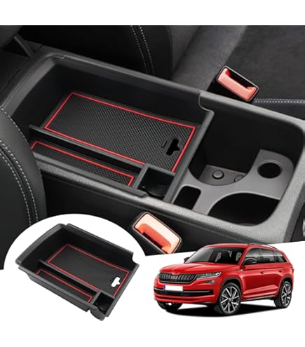 Accesorios Kodiaq 2024 Set De Alfombrillas Para Skoda Kodiaq II (2024-2027) - Consola Central, Puertas Y Portavasos - Material Goma PVC Antideslizante - Color Rojo Impermeable Y Fácil De Limpiar