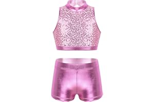 Freebily Conjunto de Deportivo Danza Hiphop para Niñas con Lentejuelas Brillante Crop Top y Leggings Cortos Maillot de Gimnasia Rítmica Ropa Baile Moderno Jazz 5-14 Años