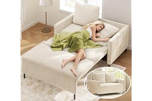 Domusensus 2 Sitzer Sofa mit Schlaffunktion, 120CM Cord Schlafsofa Klein, Schlafzimmer Sofas 53CM Extra Tiefe Sitze, Bequemes Couch mit 2 Kissen, Modernes Couch fürs Büro, Schlafcouch Beige