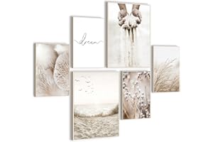 HONEYBABY Boho Framed Wall Art for Living Room Botanical Landscape Canvas Wall Art Decor for Bedroom Modern Neutral Beach Art Pictures for Bathroom Kitchen Office Set of 6