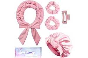 Hroevc No Heat Overnight Curls Headband with Double Layer Bonnet - Soft Hair Curlers to Sleep In, heatless Curling Rods Set + Silk Bonnet for Women & Girls Long Hair, Heatless Waves & Volume (Pink)