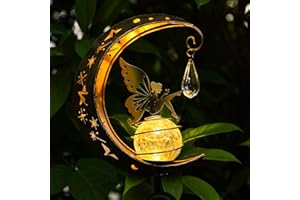 LOVERUIS Solar Garden Lights Outdoor Fairy Moon Lamp Waterproof Moon Garden Solar Light with Crackle Glass Ball LED Stake Lights Angel Decorative for Grave Balcony Lawn Patio Pathway (Fairy)