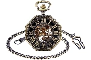Unendlich U Montre de Poche mécanique Homme, Montre de Poche Vintage à Cadran en Chiffres Romains, Boîtier octogonal d'acier Inoxydable Bronze, pour Homme Femme