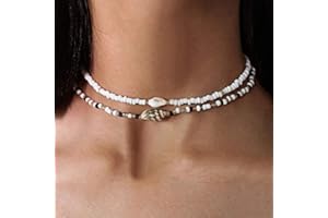 Handcess Collier ras du cou bohème double couche en coquillages - Collier ras du cou en perles de conque - Bijoux ras du cou pour femmes et filles, 2 Count (Pack of 1)
