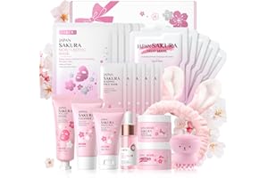 LAIKOU Set de Cuidado Facial Sakura,11 Piezas Skincare Kit Pack Regalo Mujer para Rutina Facial, con Limpiador Tónico Sérum Crema Mascarilla Hidratante Cinta Cabello Cepillo de Limpieza Face