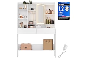 VASAGLE KAILYN Collezione - Toeletta con Luci LED 3 Colorazioni con Luminosità Regolabile, Tavolo da Trucco con Specchio, Ripiani Regolabili, 2 Cassetti, Postazione Trucco, Bianco RDT123T14