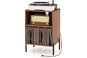 GIANTEX Mesa Auxiliar para Tocadiscos, 53 x 45 x 78,5 cm, Mesilla de Noche con Estación de Carga y Compartimentos para 150 Discos, Estantería de Exhibición para Salón, Dormitorio (Marrón)