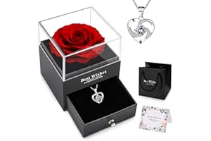 NEWUPZSI Wieczna prawdziwa róża ręcznie robiona konserwowana róża pudełko prezentowe srebrny damski łańcuszek doliny, na zawsze róża w 100 językach Kocham Cię, różowe pudełko dla Ciebie na Walentynki, Boże