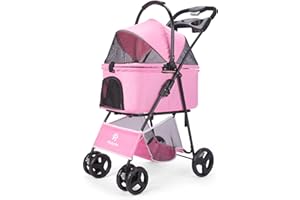 CAMPSOR 2 IN1 Dog Strollers for Medium Dogs, Detachable Basket, Folding Puppy Stroller for Pets 4 Wheels with Storage Bag, Dog Carts with 360 Rotating Front Wheels for Outdoor Walking (Pink)
