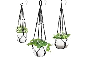Mkouo Lot de 3 paniers suspendus en macramé pour plantes - Corde en coton avec perles sans pompons - 58 cm/73 cm/89 cm - Noir