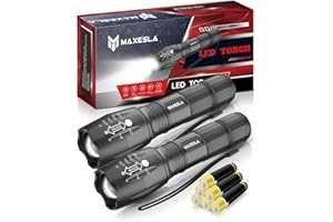Maxesla Torcia LED Potente Professionale, 2 Pezzi Impermeabile 2000 Lumen Luminoso Mini Torcia Tattica, Portatile Torcia Regolabile, Torcia Potente 5 modalità di illuminazione, Con 6 x AAA Batterie