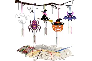 HONMOK 9 Stück Halloween Windspiel Bastelset Halloween Kinder Holz Basteln Kürbis Hexen Fledermaus Geist Klangspiel Bastelhandwerk zum Bemalen Geschenke für Mädchen Junge Halloween Party