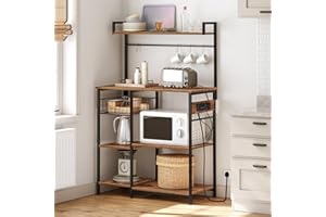 HOOBRO Kitchen Storage Rack with Power Outlet, Bakers Rack, Coffee Station with 4 S-Hooks, Microwave Stand with Storage Shelves, Easy to Assemble, Rustic Brown and Black EBF05KHB01