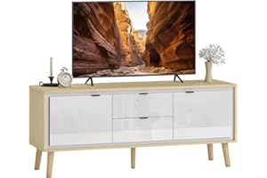 HOMCOM Mueble de TV Moderno de 2 Puertas, Mesa TV para Salón con 2 Cajones, Orificios Pasacables, Estantes Extraíbles y Ajustables, para Televisión 55 Pulgadas, 120x35x50 cm, Blanco Brillo y Roble