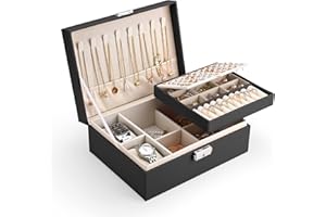 Boîte à Bijoux Femme Filles Yordawn 2 Couches Boite Rangement Bijoux pour Voyage Verrouillable Organisateur Bijoux en Cuir PU Imperméable pour Bagues Boucles Colliers Montres, Noir