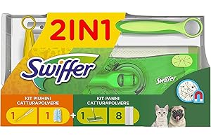 Swiffer Kit con 1 Scopa + 8 Panni per Pavimenti e 1 Piumino + 1 Ricambio, Ottimo per Peli di Animali