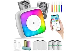 HIYORSOA Mini Thermal Printer With 13 Rolls Paper, Bluetooth Portable Sticker Printer, Wireless Inkless Pocket Printer for Phone, Compatible With Android/iOS, Notes, List, DIY, 5 Colored Pens