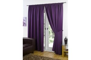 RAYYAN LINEN Thermal Pencil Pleat Blackout Tape Top Pair of Curtains With Free Tiebacks (66" X 54", Aubergine (Purple))