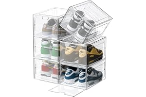 PANOONA 6 pcs Scatole per Scarpe,Scatole Portascarpe in Plastica Trasparenti impilabili, Organizzatori Pieghevoli,Contenitori Portascarpe con Coperchi per donna/uomo,Taglia 46 (33.5x25x18cm)