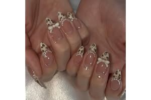 Auroriel 24 st amandel press-on naglar leopard French tip pärlor rosett design återanvändbar glansfull akryl fulltäckande kun
