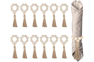 Hodeffior 12 Stück Serviettenringe aus natürlichen Holzperlen mit Quasten, Serviettenhalter für Weihnachten, Bauernhaus, Hochzeit, Zuhause, Tischdekoration, Serviettenringe-Set
