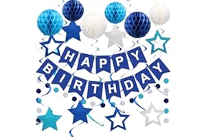 JIGSPSYZH Blau Geburtstagsdeko - Premium Wiederverwendbare Party Deko, Happy Birthday Banner mit Wabenball, Sternenhängende Wirbel-Streamer und so weiter - Geburtstagsfeierdekorationen für Männer Jungen Frauen