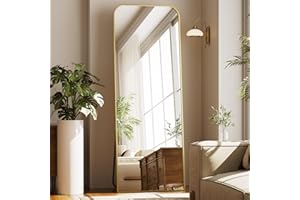 Koonmi Top Curved Large Mirror Full Length, 53 x 143 cm Free Standing with Stand, Large Floor Full Body Mirror with Round Corner on top, Hanging Wall Mounted for Bedroom, Living Room, Gold