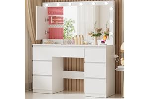 TRIUMPHKEY Schminktisch mit Große Spiege und LED-Beleuchtung, Einstellbarer Helligkeit, 120x40x140cm, Frisiertisch mit 7 Schubladen, Steckdose,Schmuckschrank, Kosmetiktisch für das Schlafzimmer, Weiß